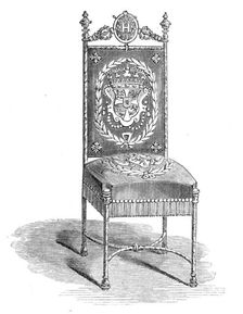Art Collections in the South Kensington Museum: steel chair, with arms of Anne of Denmark, 1869. Creator: Unknown