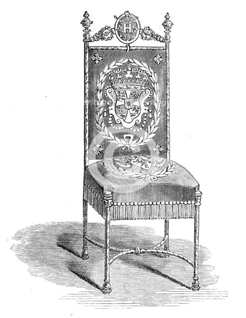 Art Collections in the South Kensington Museum: steel chair, with arms of Anne of Denmark, 1869. Creator: Unknown.