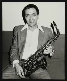 Art Pepper holding his saxophone, Royal Festival Hall, London, 14 July, 1980. Creator: Denis Williams