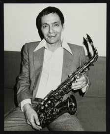 Art Pepper holding his saxophone, Royal Festival Hall, London, 14 July, 1980. Creator: Denis Williams