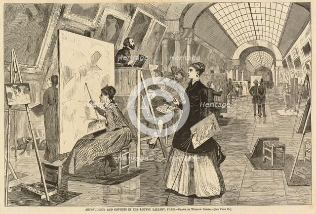Art-Students and Copyists in the Louvre Gallery, Paris, published 1868. Creator: Winslow Homer.