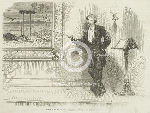 Artemus Ward in his entertainment at the Egyptian Hall, 1866. Creator: Unknown.