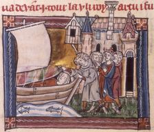 Arthur and his knights finding the dead body of Elaine, c1316. Creator: Unknown