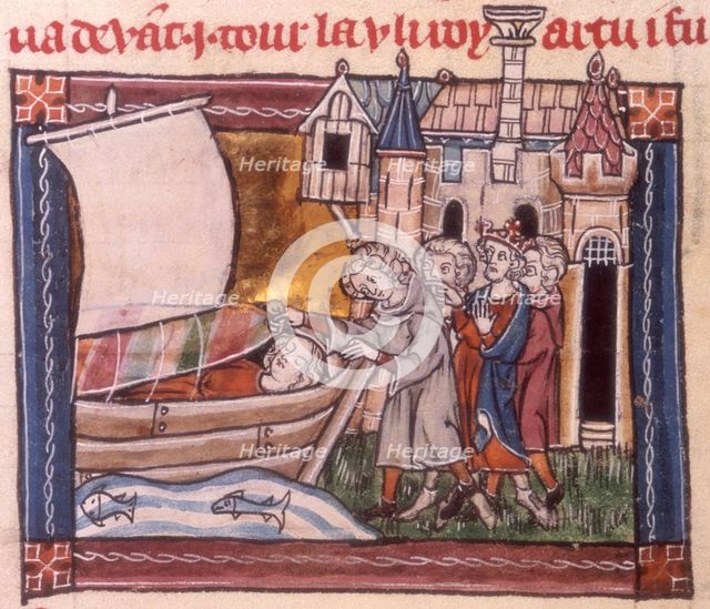 Arthur and his knights finding the dead body of Elaine, c1316.  Creator: Unknown.