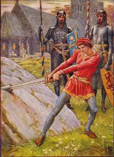 Arthur Draws the Sword from the Stone 1911. Artist: Walter Crane