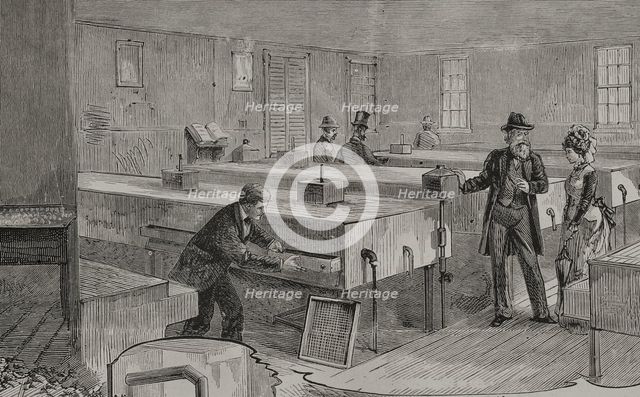 Artificial hatching of hen eggs by the Baker method, incubators room, 1878. Creator: Unknown.
