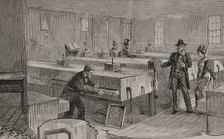 Artificial hatching of hen eggs by the Baker method, incubators room, 1878. Creator: Unknown