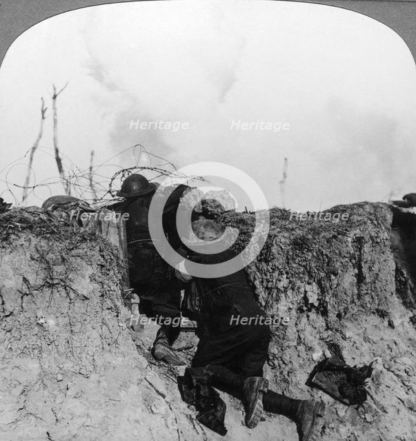 Artillery observation officer in forward post, France, World War I, 1914-1918.Artist: Realistic Travels Publishers