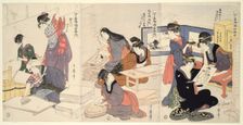 Artist, Block Carver, Applying Sizing (Eshi, hangashi, dosa-biki), from the series...,, About 1803. Creator: Kitagawa Utamaro