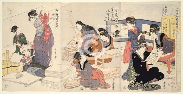 Artist, Block Carver, Applying Sizing (Eshi, hangashi, dosa-biki), from the series...,, About 1803. Creator: Kitagawa Utamaro.