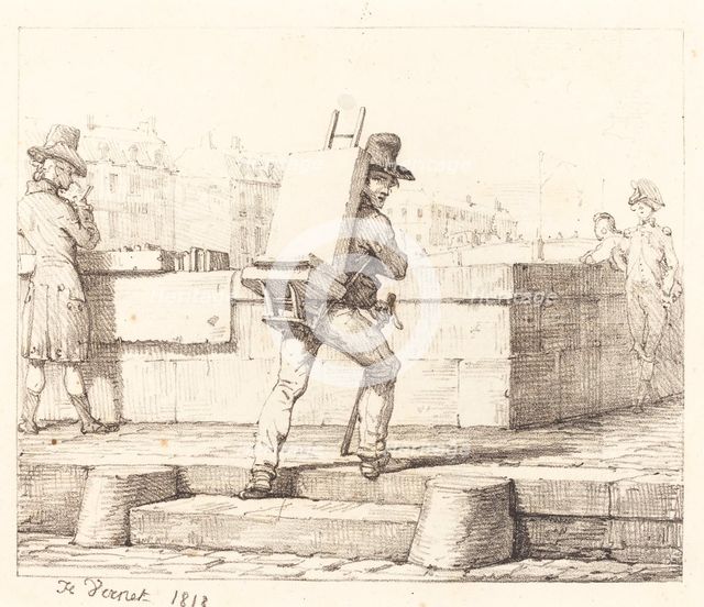 Artist Carrying Easel with a Lithographic Stone, 1818. Creator: Emile Jean-Horace Vernet.