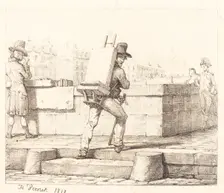 Artist Carrying Easel with a Lithographic Stone, 1818. Creator: Emile Jean-Horace Vernet