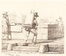 Artist Carrying Easel with a Lithographic Stone, 1818. Creator: Emile Jean-Horace Vernet