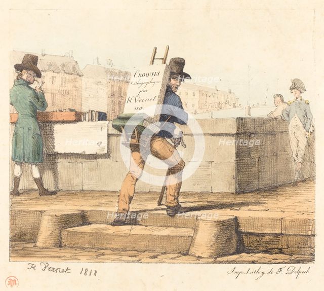 Artist Carrying Easel with a Lithographic Stone, 1818. Creator: Emile Jean-Horace Vernet.