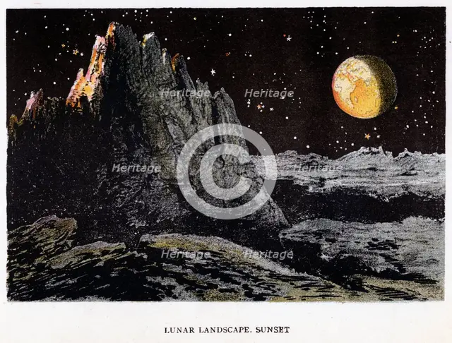 Artist's impression of the lunar landscape at sunset, 1884. Creator: Unknown.