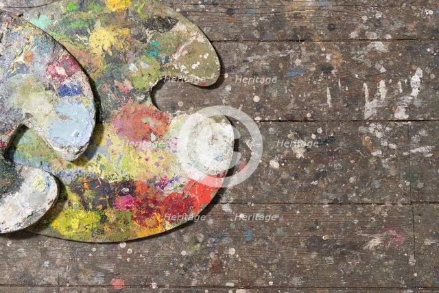 Artist's palettes, Anchor Studio, Newlyn, Cornwall, 2019. Creator: Steven Baker.