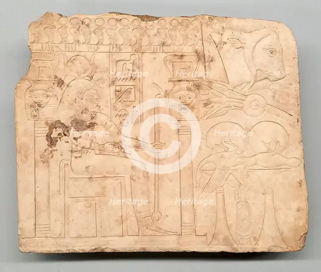 Artist's Trial Piece: Hathor in Shrine, Offerings, Ox Head, Egypt, Late Period, Dynasty 26 (664-525  Creator: Unknown.