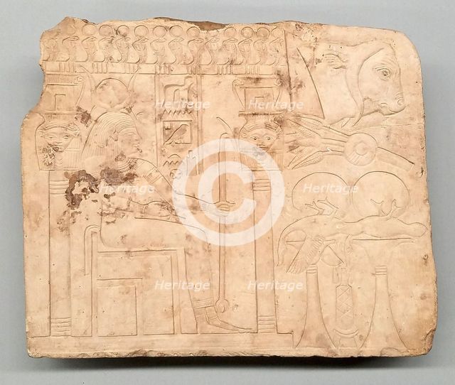 Artist's Trial Piece: Hathor in Shrine, Offerings, Ox Head, Egypt, Late Period, Dynasty 26 (664-525  Creator: Unknown.