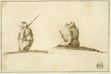Artist Sketching, and Soldier, Both Seen from Back, n.d. Creator: Unknown
