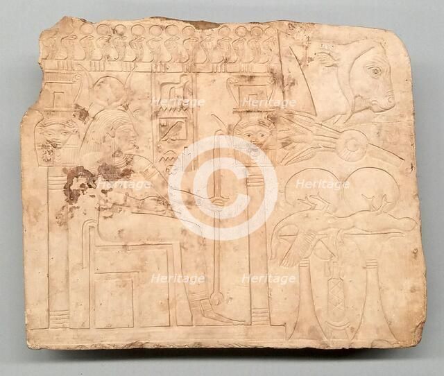 Artist's Trial Piece: Hathor in Shrine, Offerings, Ox Head, Egypt, Late Period, Dynasty 26 (664-525  Creator: Unknown.