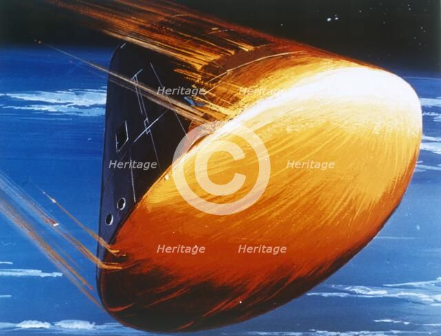 Artist's concept of Command Module re-entry in 5000° heat. Creator: NASA.