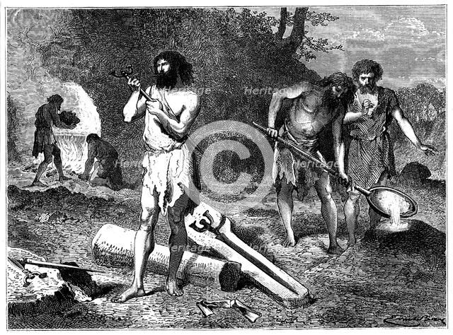 Artist's reconstruction of casting weapons in the Iron Age, 1889. Artist: Unknown