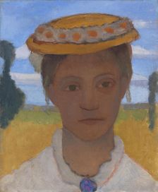 Artist's Sister Herma with a wreath of daisies on her hat, ca 1901. Creator: Modersohn-Becker, Paula (1876-1907)