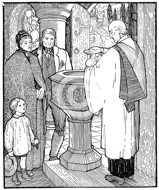 Artisan family having their child baptised. Artist: Unknown