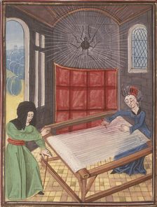 Arachne at her loom, visited by Athena disguised as an old woman, late 15th century. Creator: Unknown