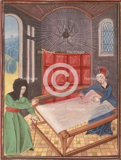 Arachne at her loom, visited by Athena disguised as an old woman, late 15th century.   Creator: Unknown.
