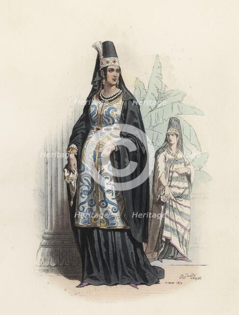 Arab women in the modern age, color engraving 1870.