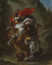 Arab Horseman Attacked by a Lion, 1849/50. Creator: Eugene Delacroix