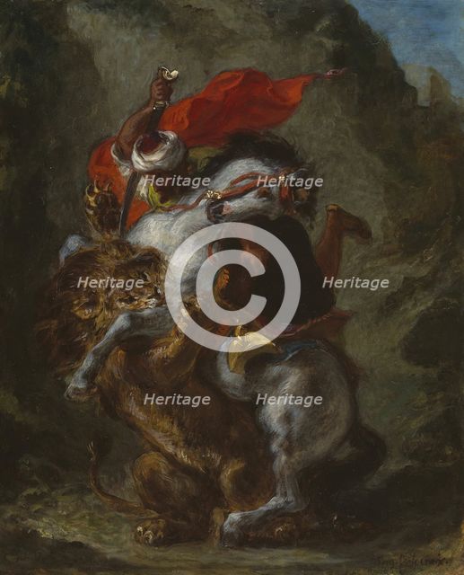 Arab Horseman Attacked by a Lion, 1849/50. Creator: Eugene Delacroix.
