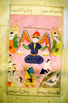 Arab manuscript depicting an angel weighing a soul