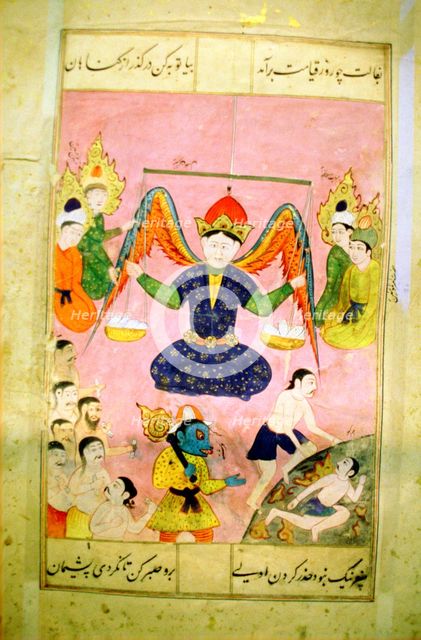 Arab manuscript depicting an angel weighing a soul. Artist: Unknown