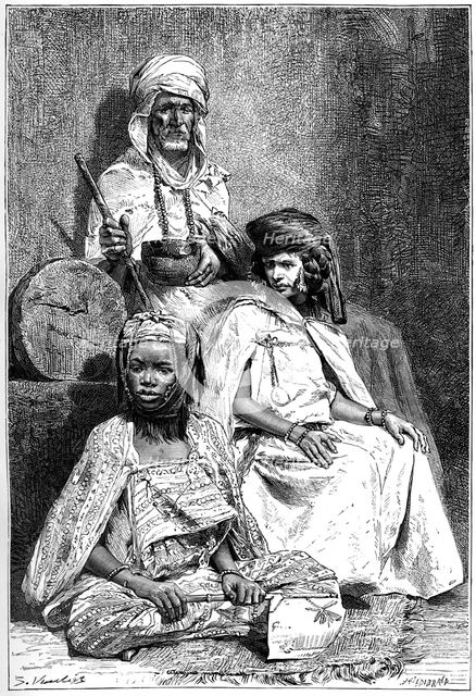 'Arab mendicant, Biskra and El-kantra women', c1890. Artist: Hildibrand