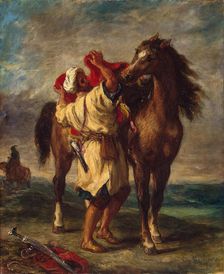 Arab Saddling his Horse, 1855. Creator: Eugene Delacroix