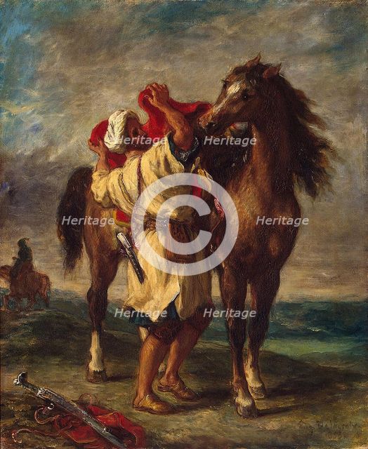 Arab Saddling his Horse, 1855. Creator: Eugene Delacroix.