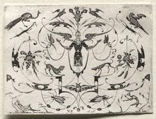 Arabesque with Peacock, Parakeet, Dogs and Insects, 1626. Creator: Valentin Sezenius (German)