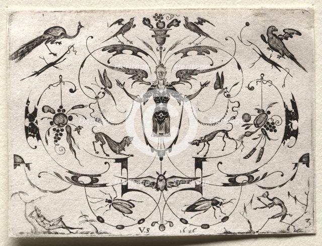 Arabesque with Peacock, Parakeet, Dogs and Insects, 1626. Creator: Valentin Sezenius (German).