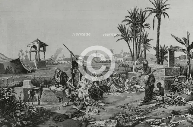 Arabic customs: a snake charmer, 1883. After a painting by the Spanish artist Echena.  Creator: Arturo Carretero y Sánchez.