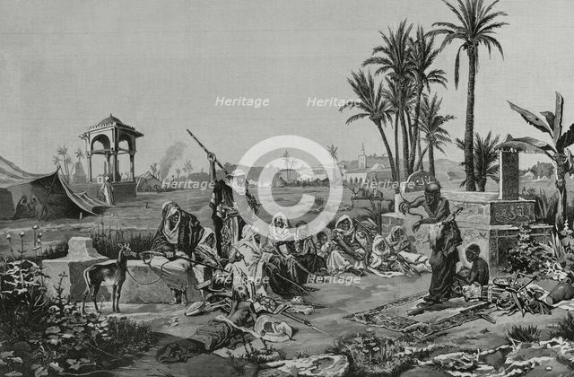 Arabic customs: a snake charmer, 1883. After a painting by the Spanish artist Echena.  Creator: Arturo Carretero y Sánchez.
