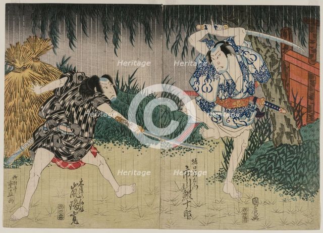 Arashi Rikan II as Kizu Kansuke; Ichikawa Ebijuro II as Horiguchi Manzaemon, 1829. Creator: Shigenao (Japanese); Utagawa Kunihiro (Japanese).
