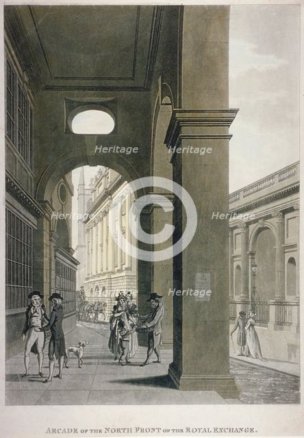 Arcade on the north front of the Royal Exchange, City of London, 1797. Artist: Anon