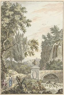 Arcadian forest landscape with a waterfall, a bridge and three young men, 1780. Creator: Dirk Versteegh