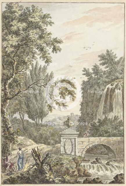 Arcadian forest landscape with a waterfall, a bridge and three young men, 1780. Creator: Dirk Versteegh.
