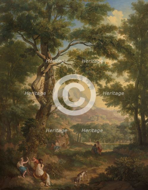 Arcadian landscape, children with a bird and a dog in left foreground, 1771.  Creator: Juriaan Andriessen.