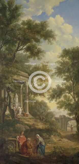 Arcadian landscape with a temple on the left and a seated old man in the foreground, 1771.  Creator: Juriaan Andriessen.
