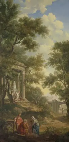 Arcadian landscape with a temple on the left and a seated old man in the foreground, 1771. Creator: Juriaan Andriessen