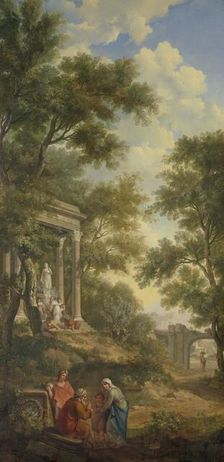 Arcadian landscape with a temple on the left and a seated old man in the foreground, 1771. Creator: Juriaan Andriessen
